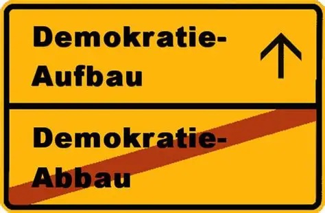 Grafik eines Ortsausgangsschild mit durchgestrichener Aufschrift Demokratie-Abbau und Pfeil in richtung Demokratie-Aufbau.